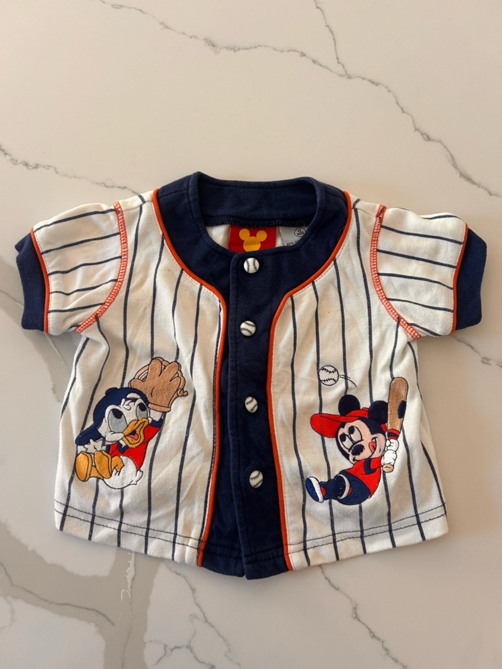 Vintage Y2K embroidered Disney Baby White & Navy Baseball Jersey Top 12months